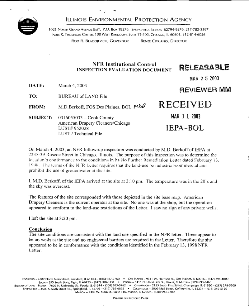 First page of NFR Institutional Control Inspection