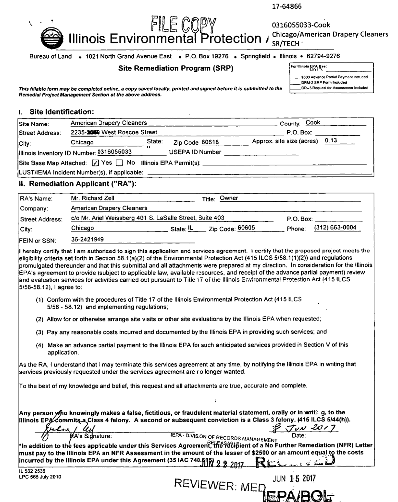 First page of Site Remediation Program Application _ Services Agreement (DRM-1)