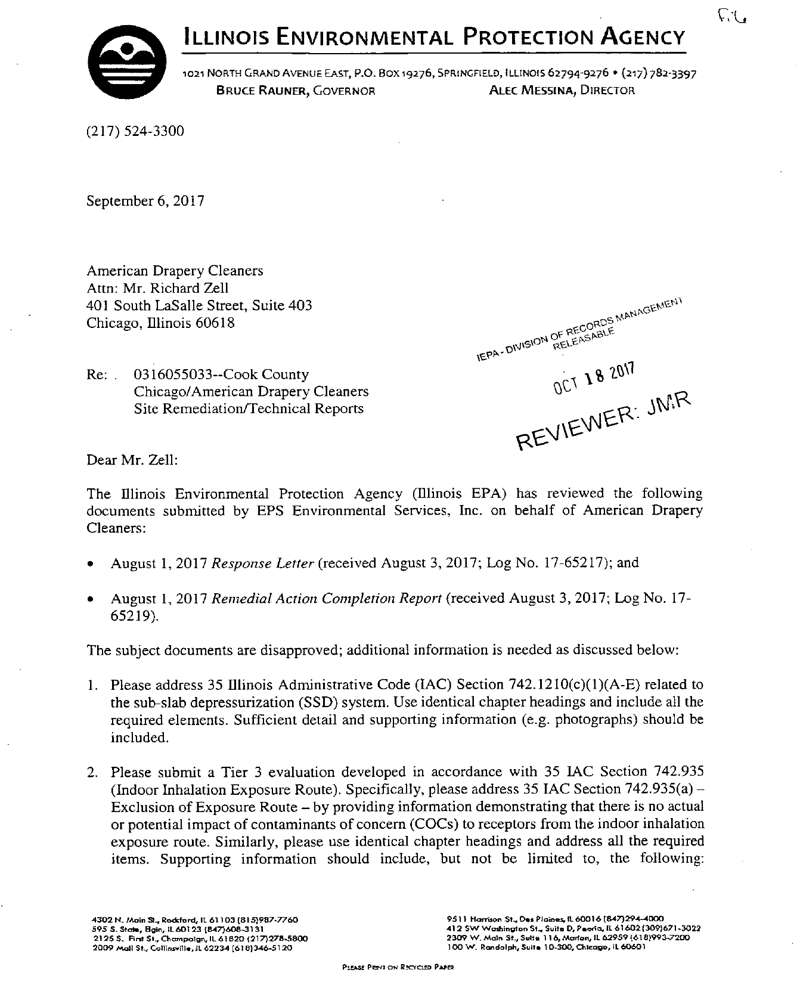 First page of Illinois EPA Disapproval of Response Letter & RACR