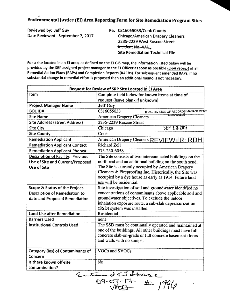 First page of Environmental Justice Area Reporting Form