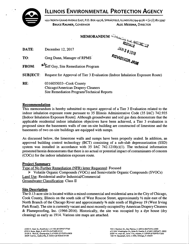First page of Illinois EPA Memorandum - Request for Approval of Tier 3 Evaluation
