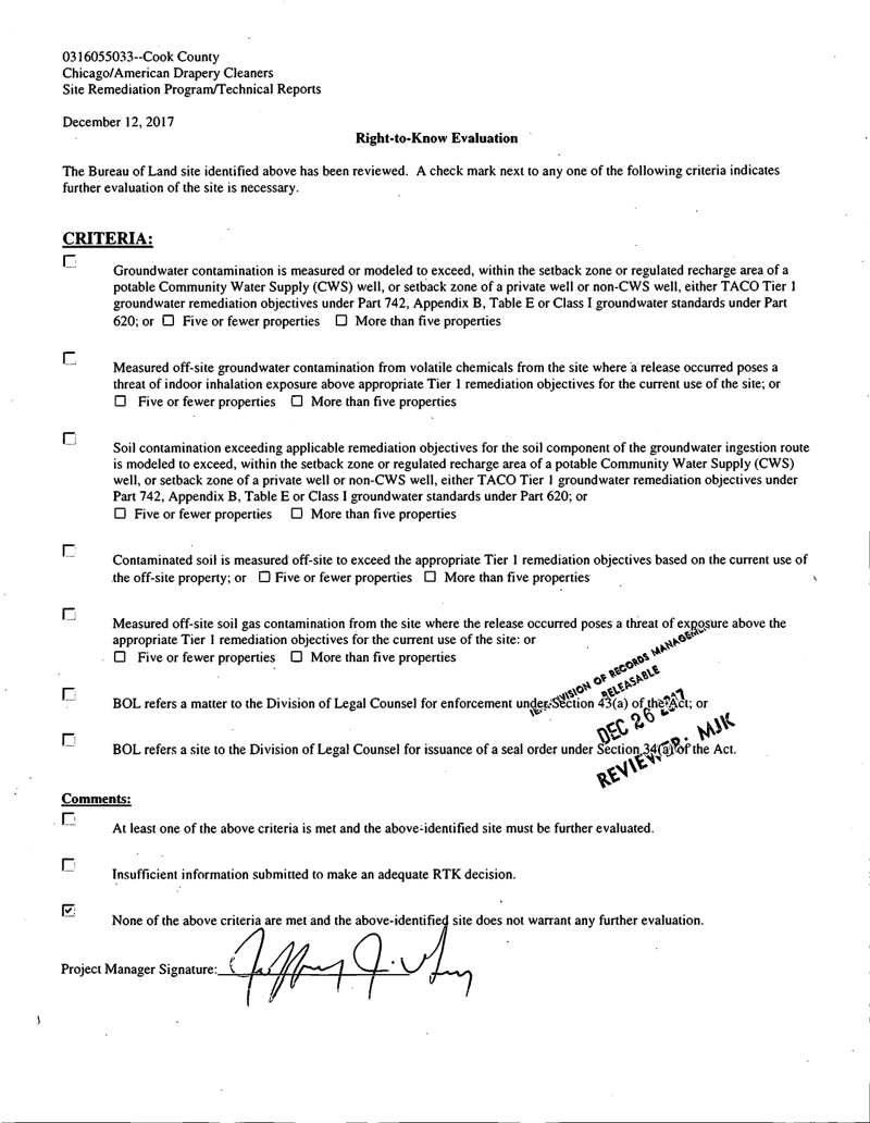 First page of Right-to-Know Evaluation