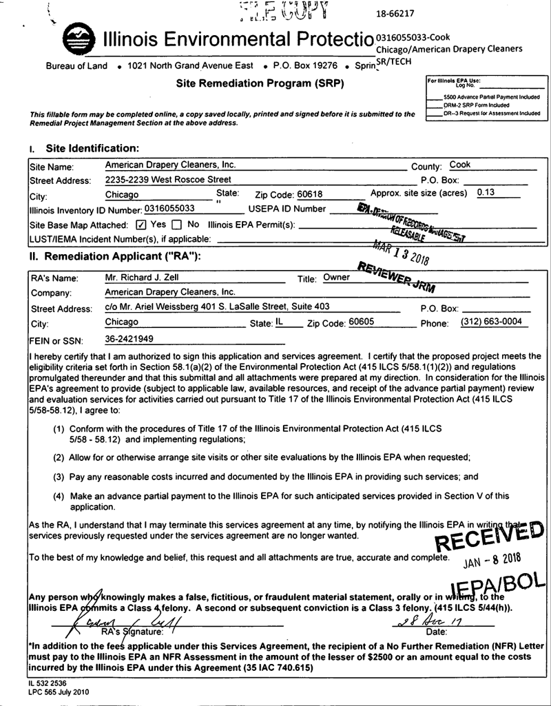 First page of Updated Site Remediation Program Application (DRM-1)