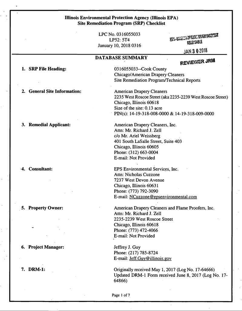 First page of Site Remediation Program Checklist / Database Summary