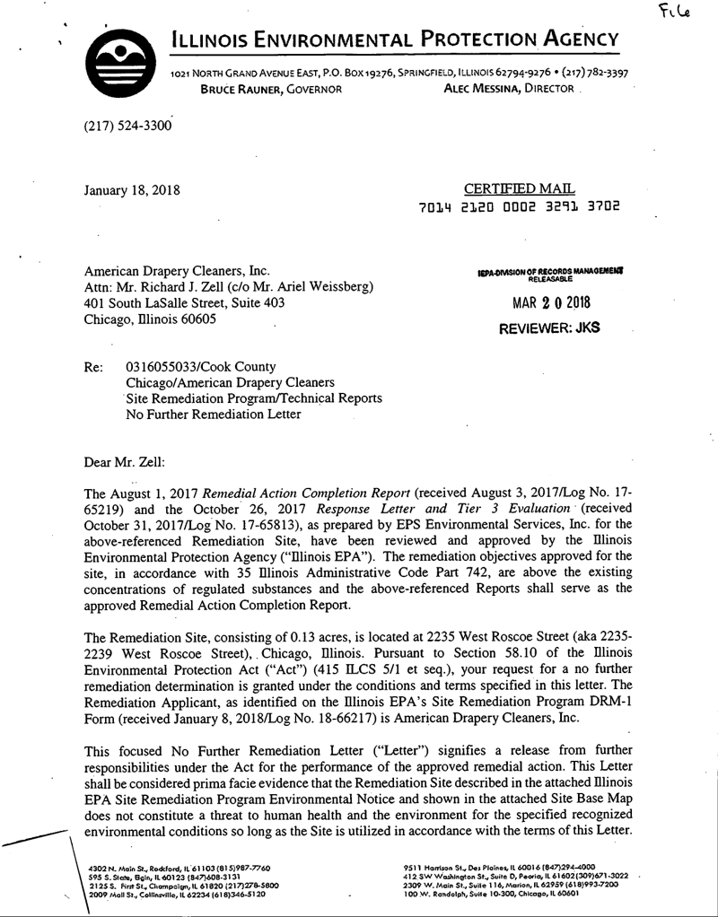 First page of Focused No Further Remediation Letter (Final)
