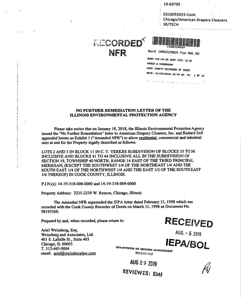 First page of Recorded Focused No Further Remediation Letter