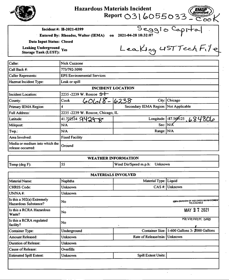 First page of IEMA Incident Report _ Illinois EPA LUST Notification (Incident 20210399)