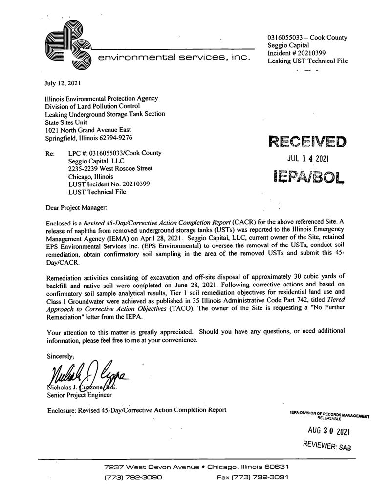 First page of Revised 45-Day / Corrective Action Completion Report