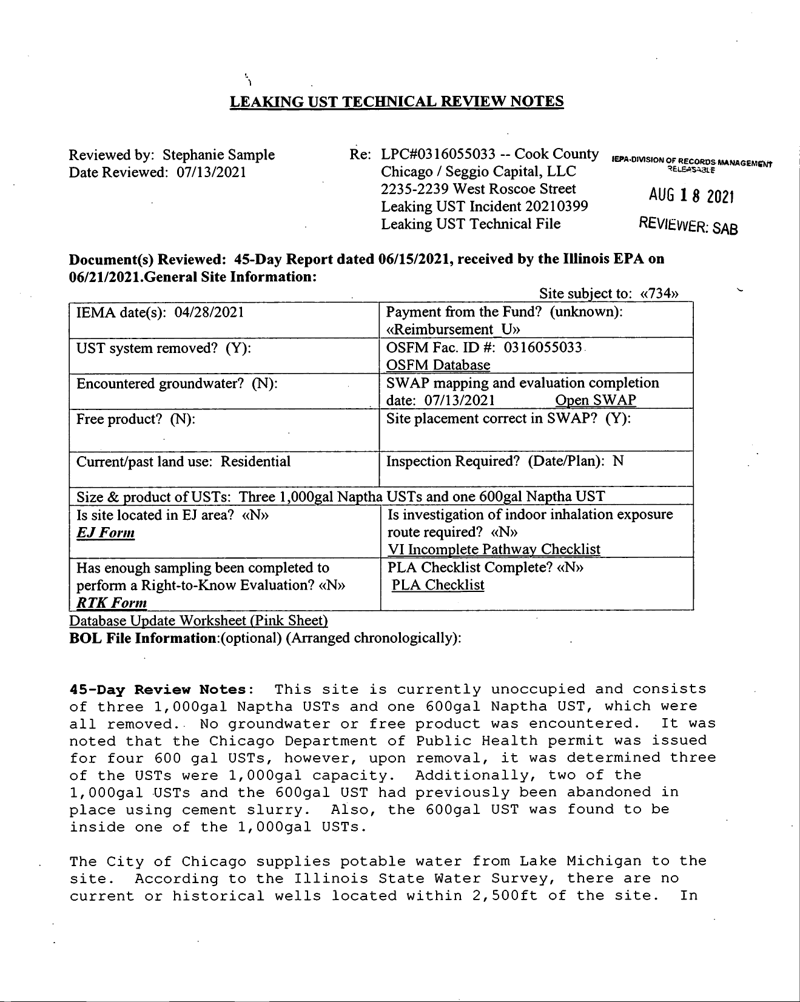 First page of Illinois EPA Technical Review Notes (45-Day Report)