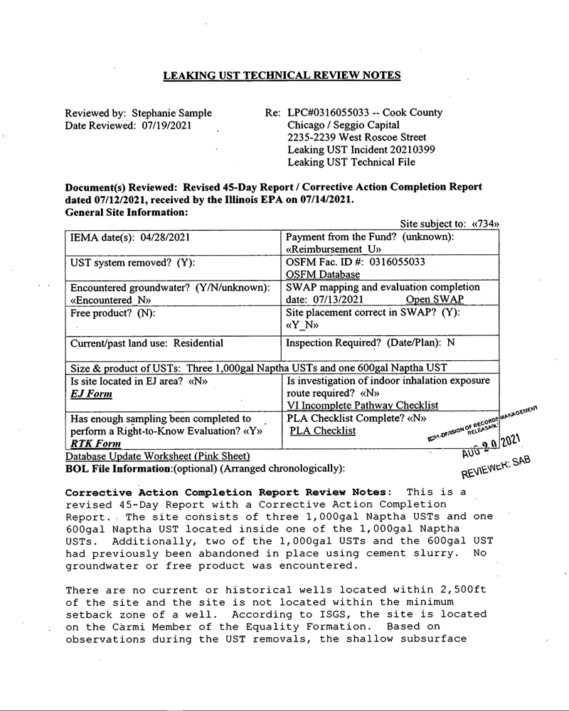 First page of Illinois EPA Technical Review Notes (Revised 45-Day/CACR)