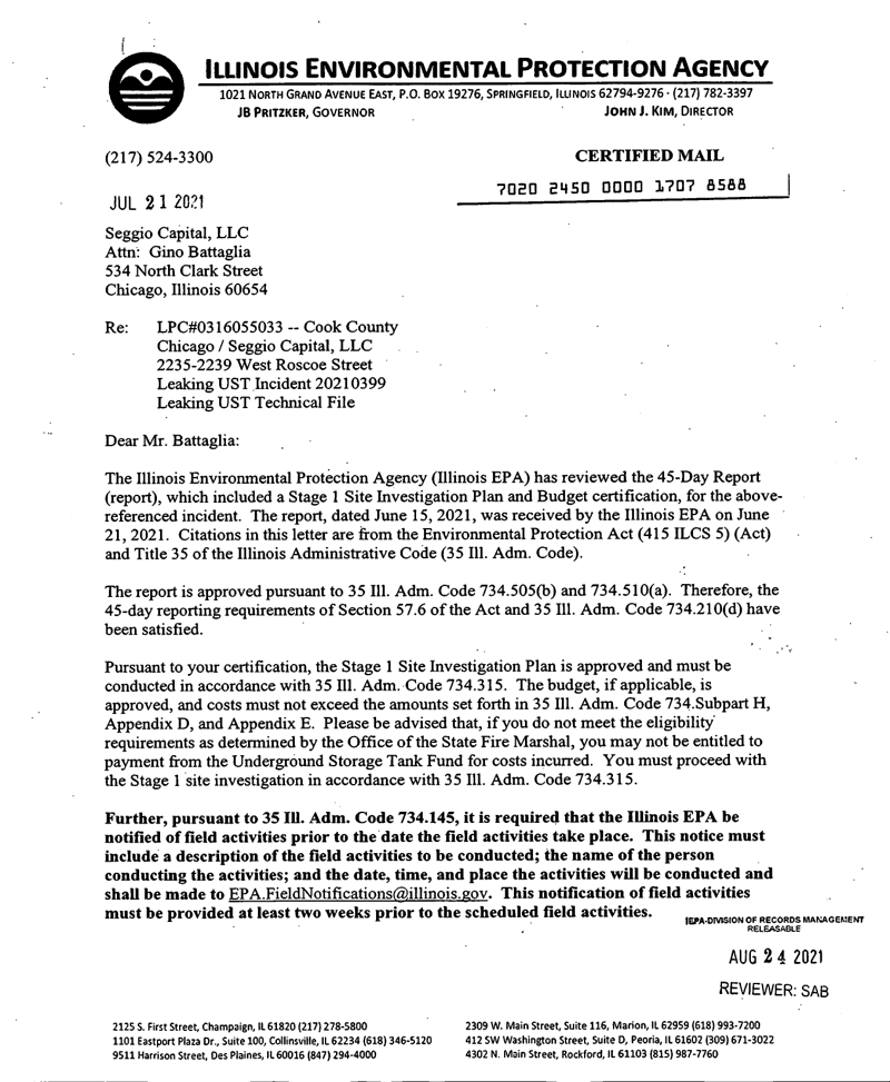 First page of 45-Day Report / Stage 1 Site Investigation Plan Approval