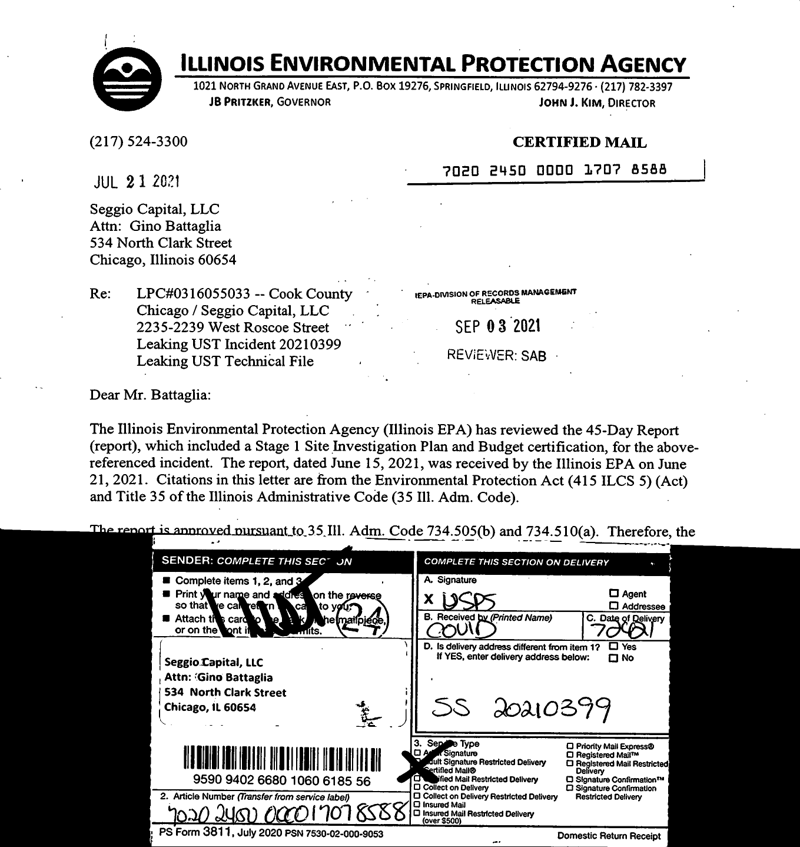 First page of 45-Day Report / Stage 1 Approval (Certified Mail Copy)