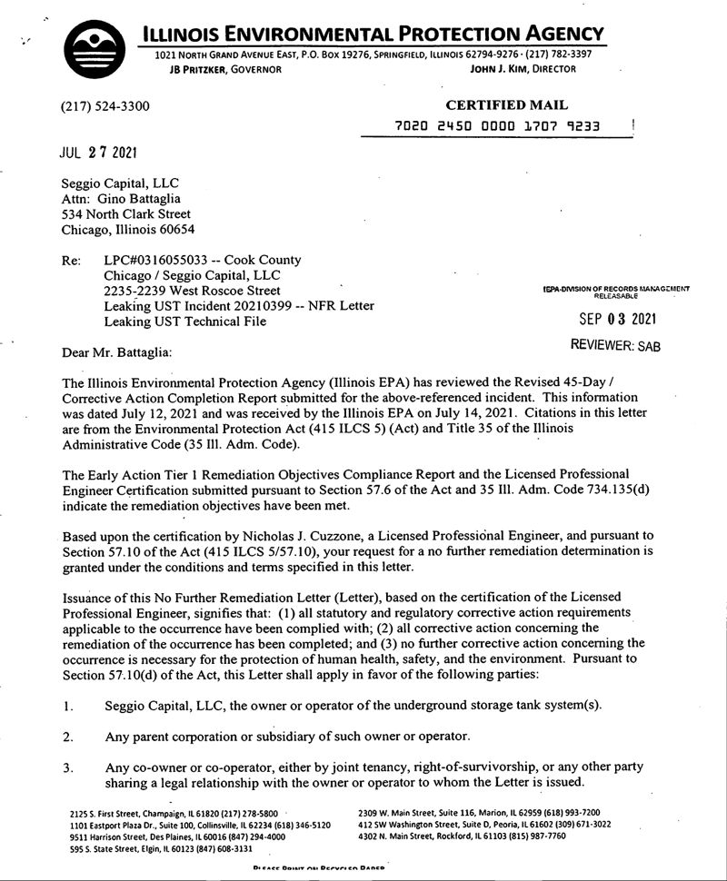 First page of No Further Remediation Letter (LUST Incident 20210399)