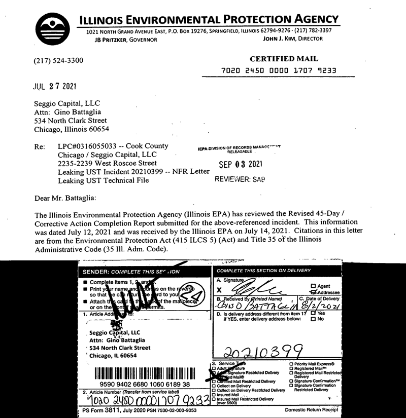 First page of No Further Remediation Letter Transmittal