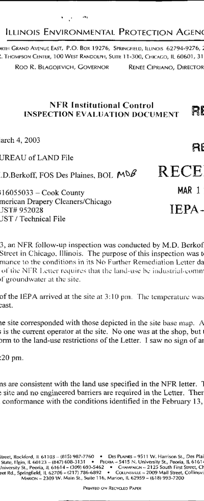 First page of NFR Institutional Control Inspection