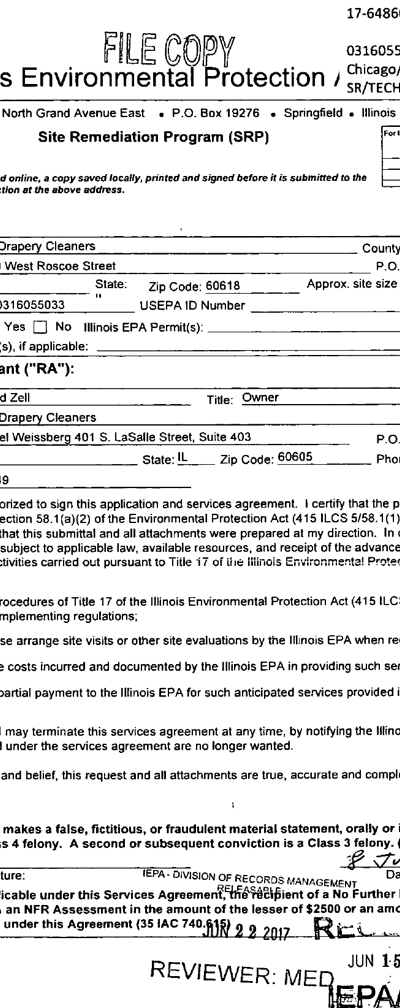 First page of Site Remediation Program Application _ Services Agreement (DRM-1)