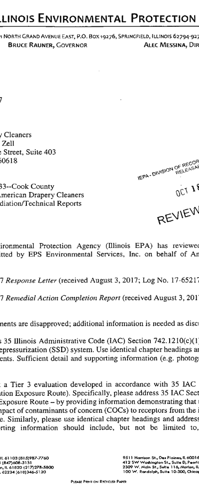First page of Illinois EPA Disapproval of Response Letter & RACR