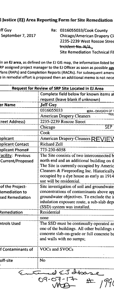 First page of Environmental Justice Area Reporting Form