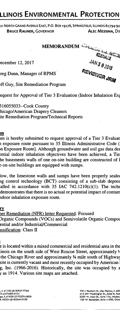 First page of Illinois EPA Memorandum - Request for Approval of Tier 3 Evaluation
