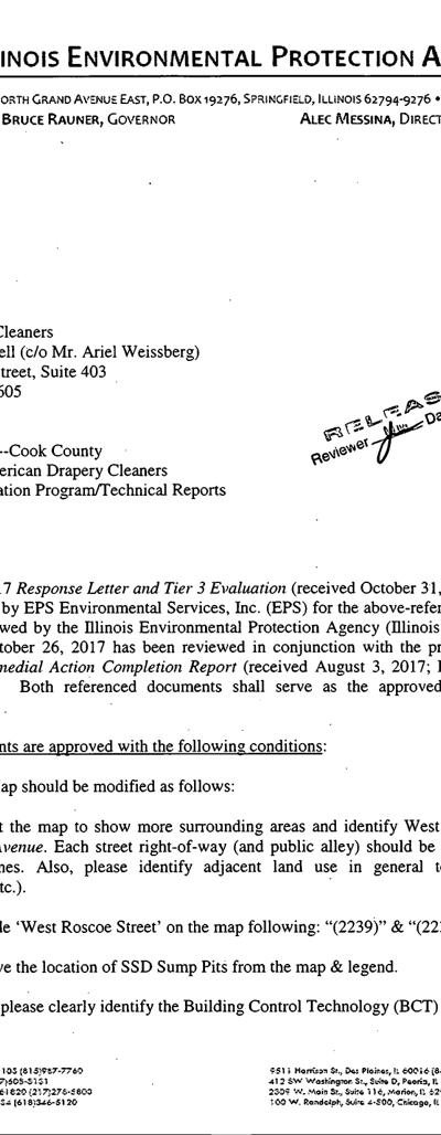 First page of Illinois EPA Approval with Conditions & Draft NFR Letter