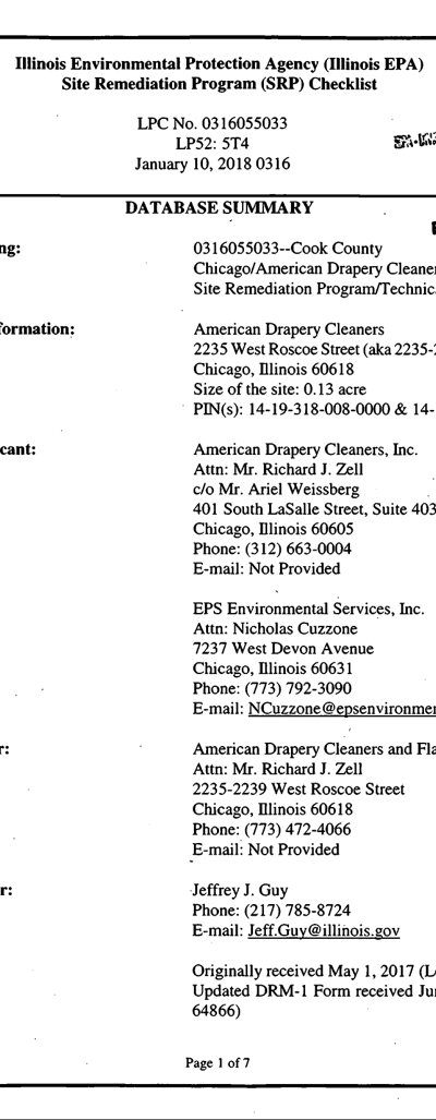 First page of Site Remediation Program Checklist / Database Summary