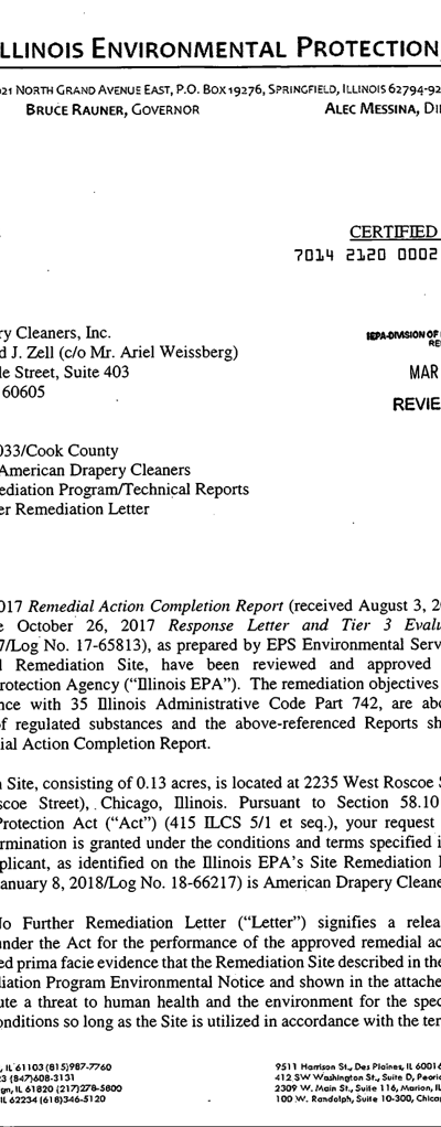 First page of Focused No Further Remediation Letter (Final)