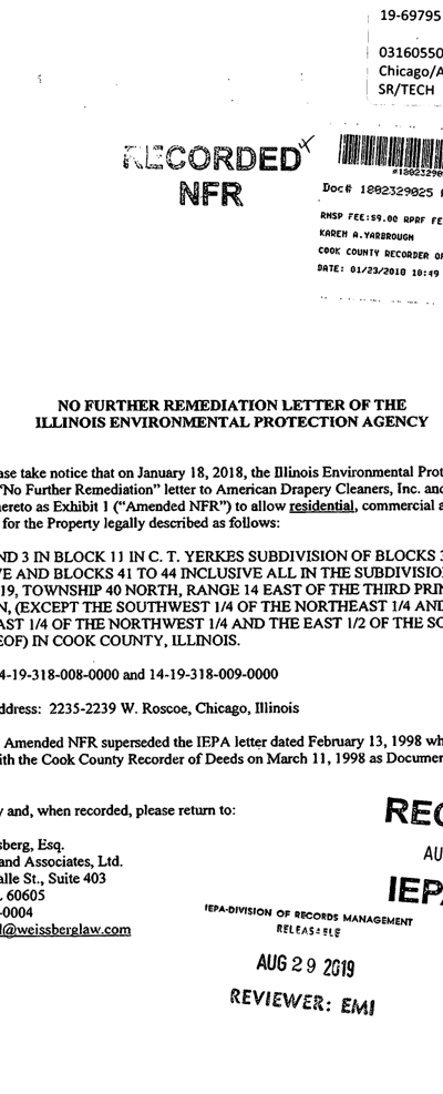 First page of Recorded Focused No Further Remediation Letter