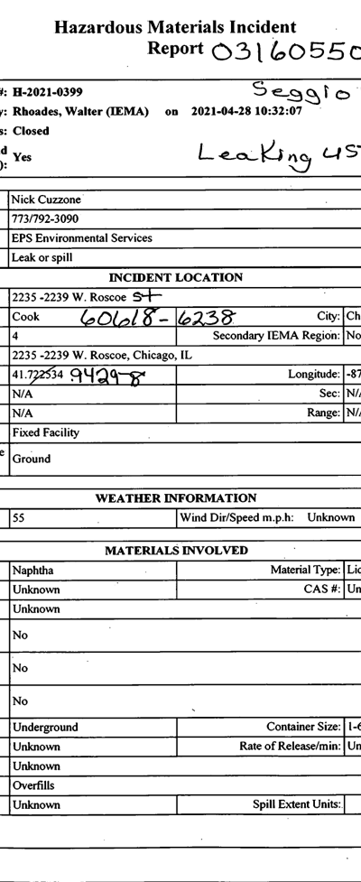 First page of IEMA Incident Report _ Illinois EPA LUST Notification (Incident 20210399)