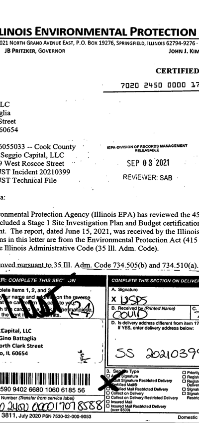 First page of 45-Day Report / Stage 1 Approval (Certified Mail Copy)