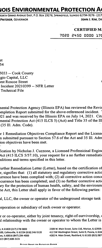 First page of No Further Remediation Letter (LUST Incident 20210399)